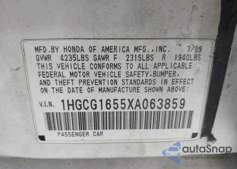 1999 Honda Accord Ex V6 из США, поврежденный, VIN 1HGCG1655XA063859